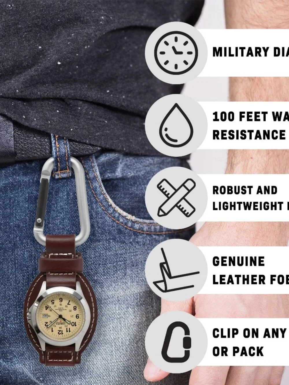 Dakota Leather Clip Watch, Military Dial, Waterproof - Brown